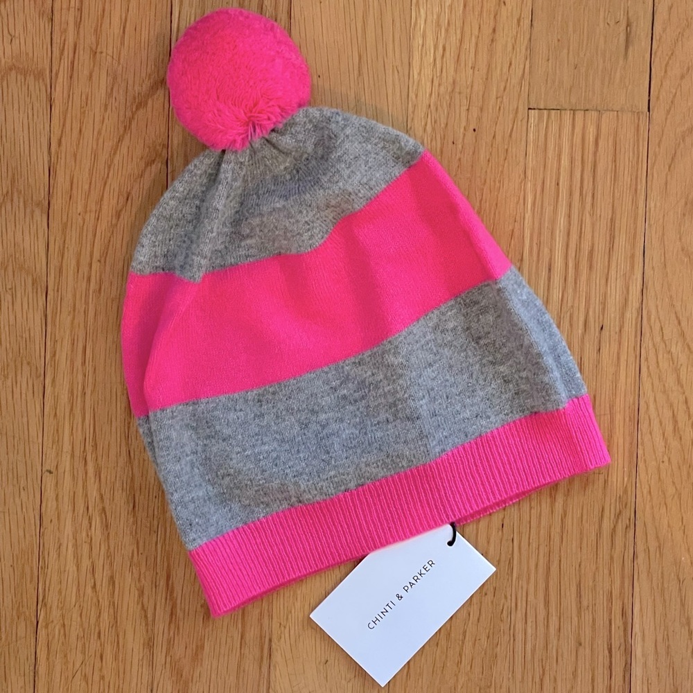 CHINTI & PARKER Pompom Striped Wool & Cashmere Blend Beanie Hat - NEW - Picture 4 of 6